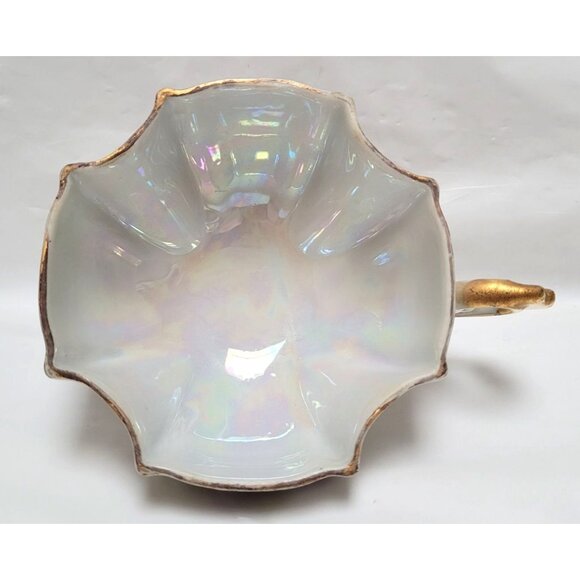 Vintage 3-Footed Purple Floral Iridescent Tea Cup Saucer Set Gold Accents Trim - Picture 8 of 9